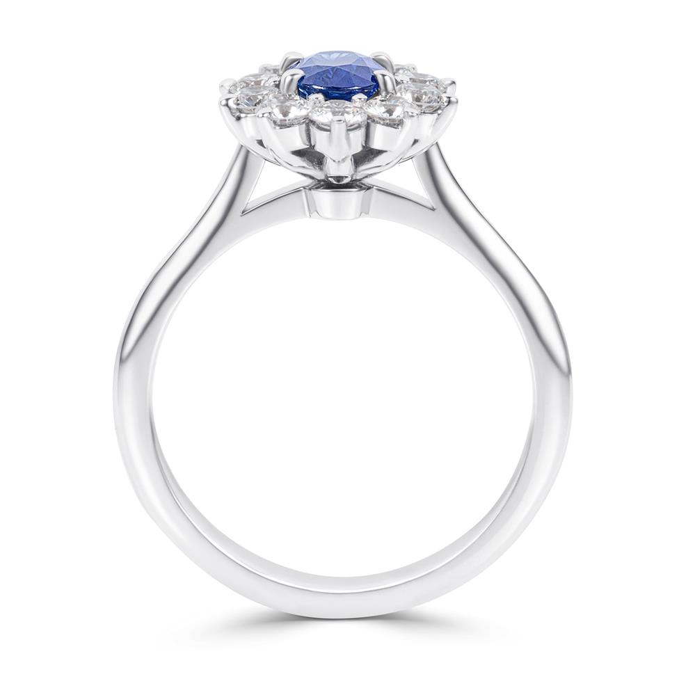 Platinum Oval Sapphire and Diamond Cluster Engagement Ring Thumbnail Image 2
