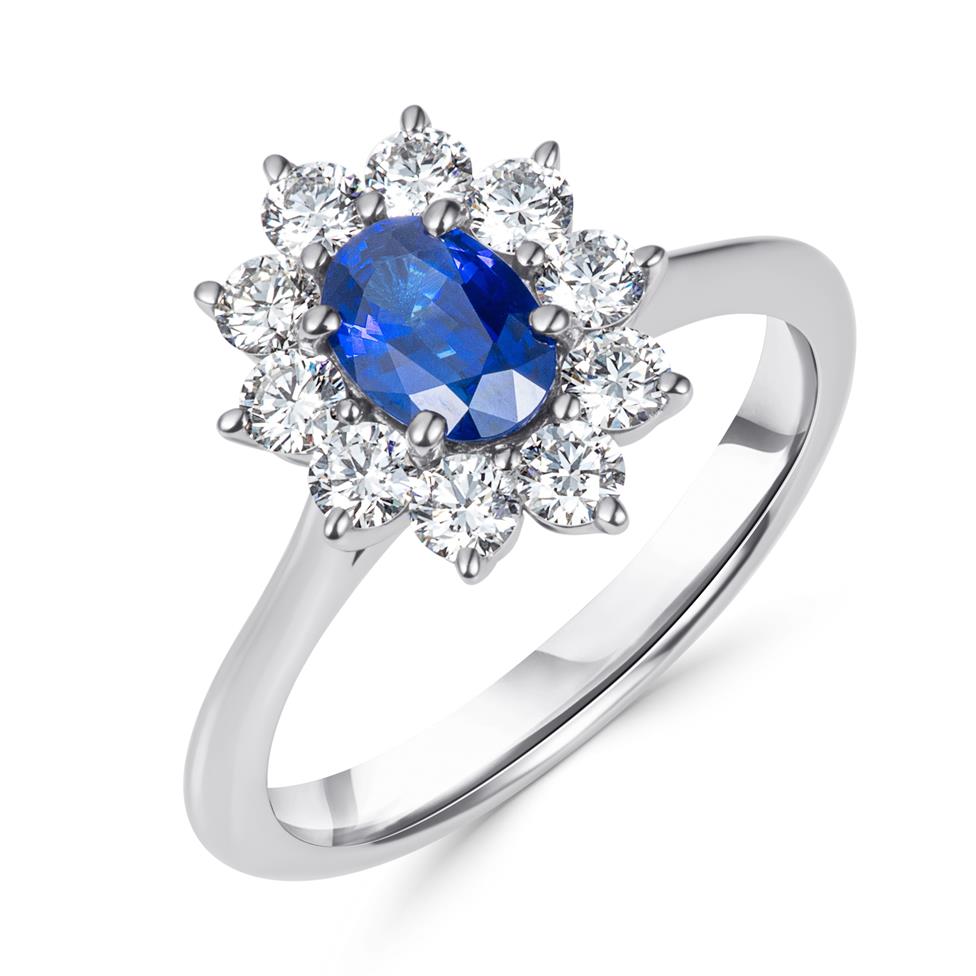 Platinum Oval Sapphire and Diamond Cluster Engagement Ring Thumbnail Image 0