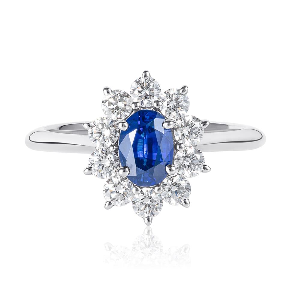 Platinum Oval Sapphire and Diamond Cluster Engagement Ring Thumbnail Image 1