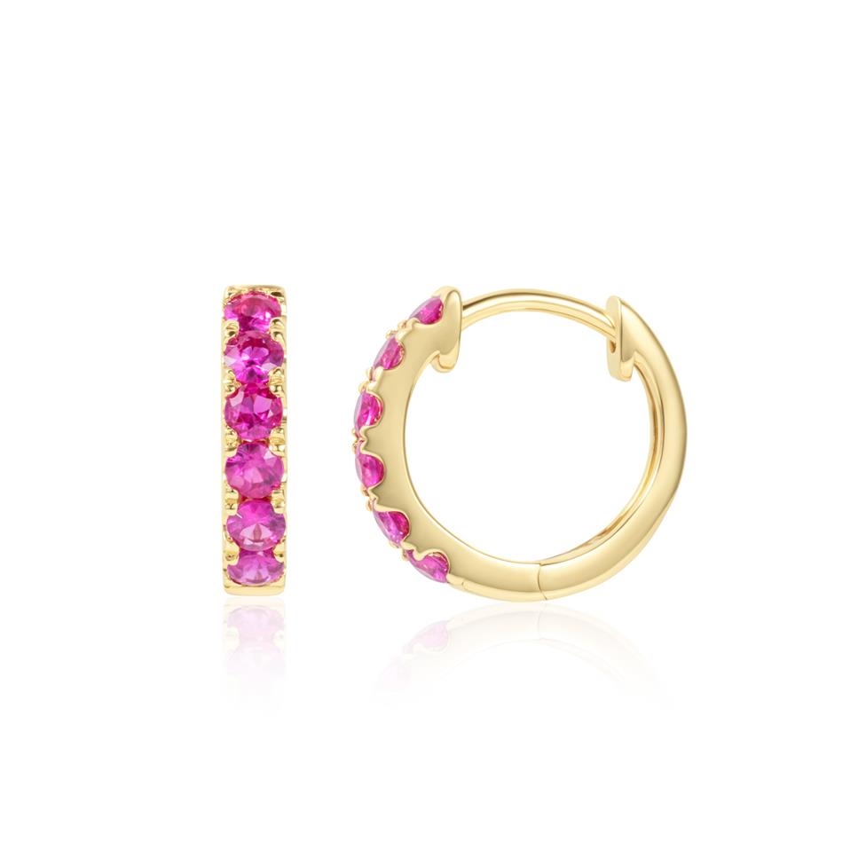 18ct Yellow Gold Pink Sapphire Huggie Hoop Earrings Thumbnail Image 0
