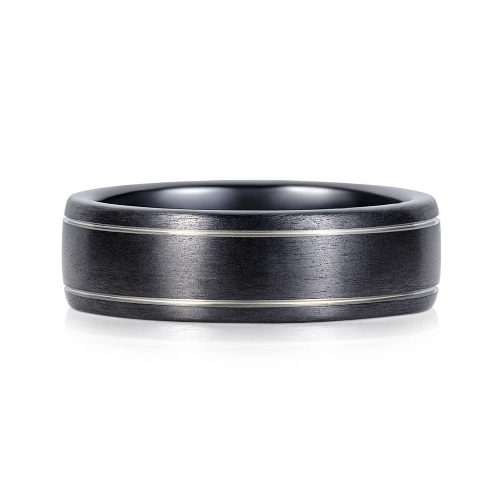 Black Zirconium and Platinum Fine Line Wedding Ring Thumbnail Image 1