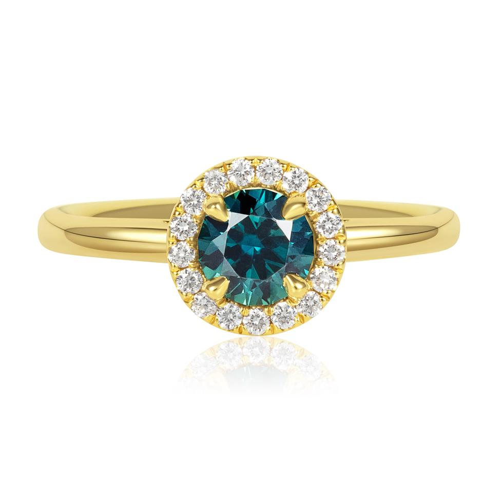 18ct Yellow Gold Round Teal Sapphire Halo Engagement Ring Thumbnail Image 1