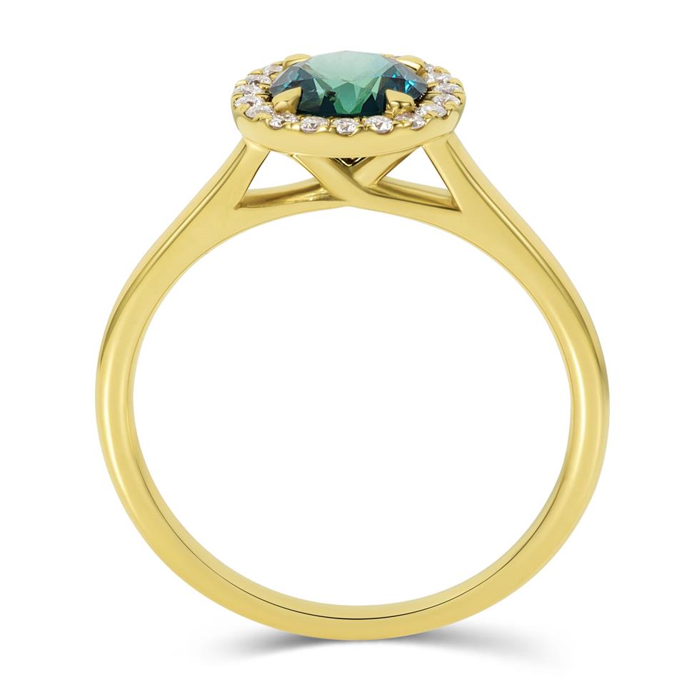 18ct Yellow Gold Round Teal Sapphire Halo Engagement Ring Thumbnail Image 2