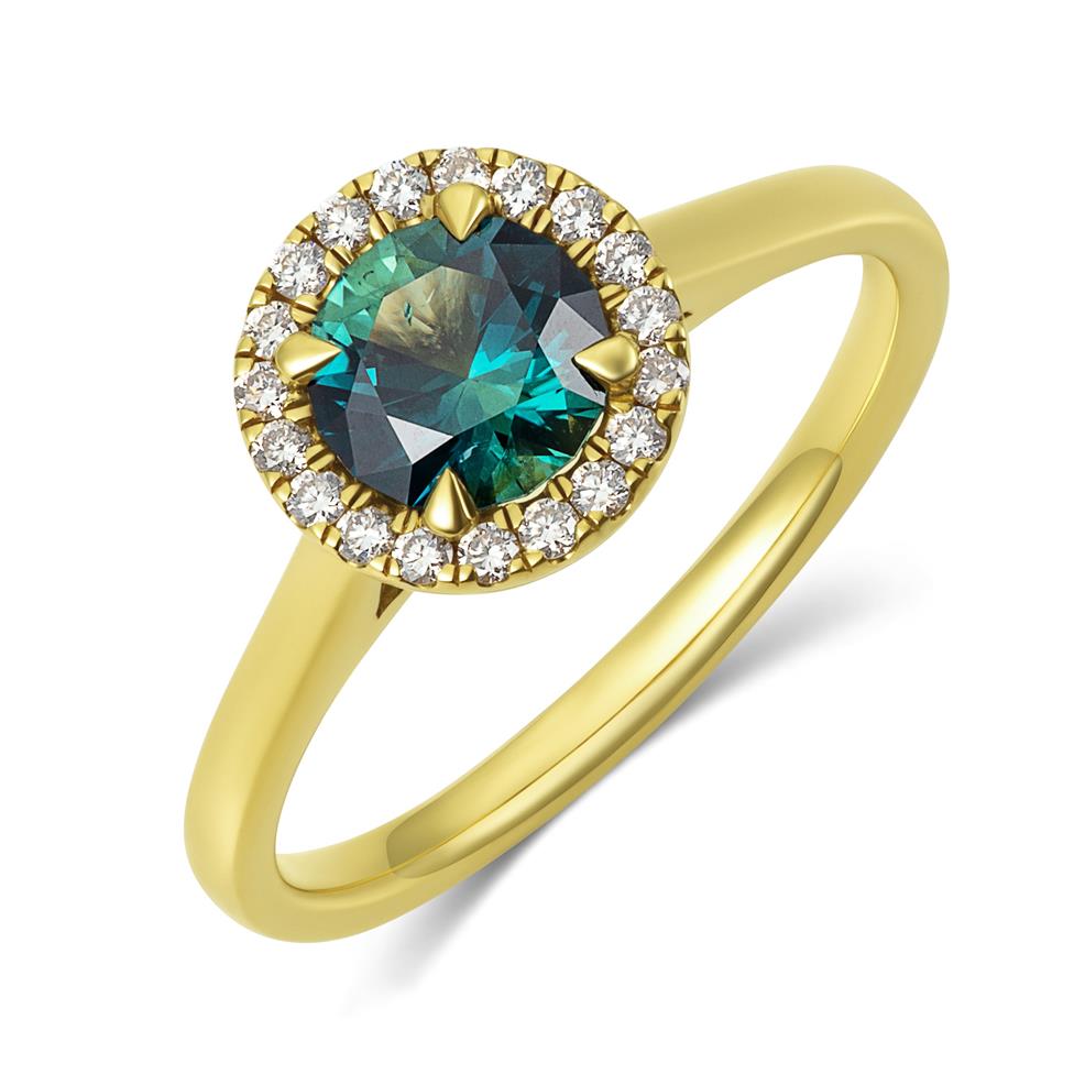18ct Yellow Gold Round Teal Sapphire Halo Engagement Ring Thumbnail Image 0