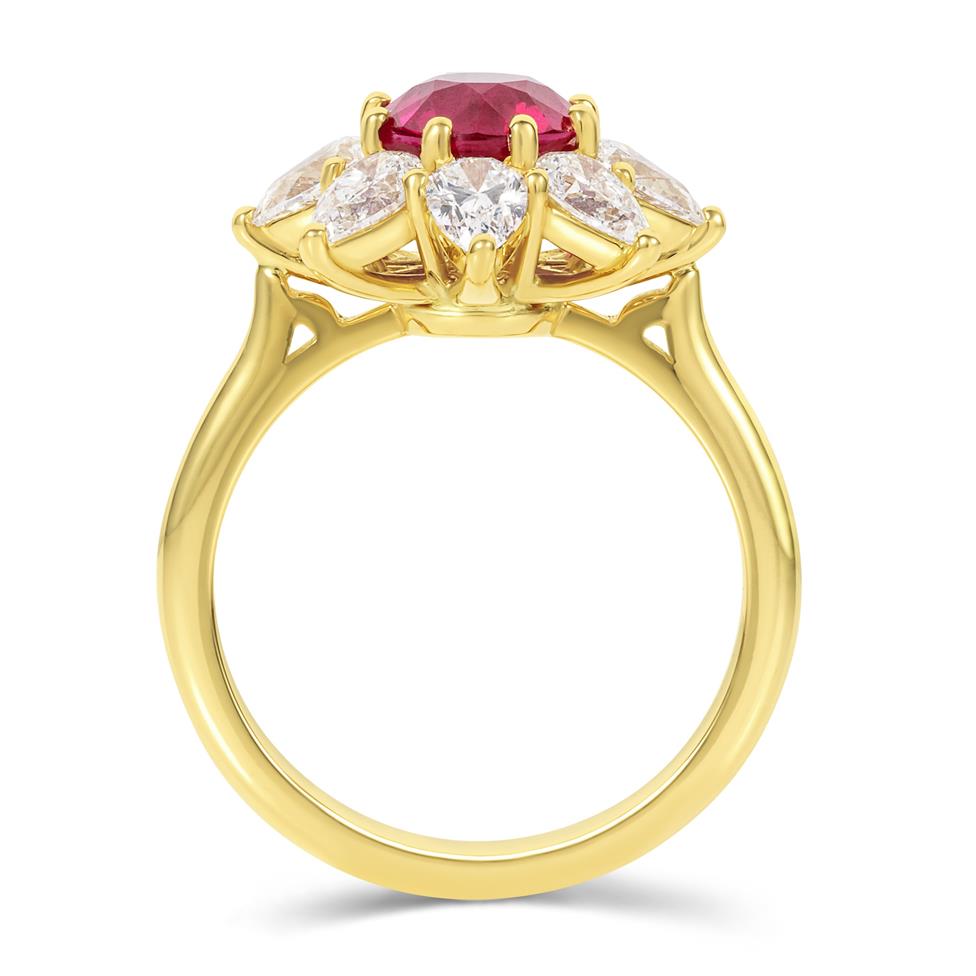 18ct Yellow Gold Ruby and Pear Diamond Cluster Ring Thumbnail Image 2