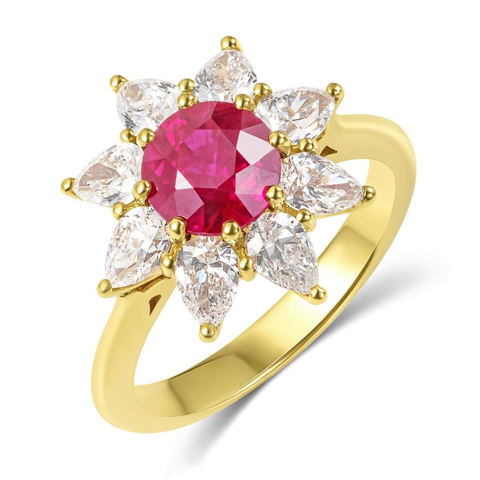 18ct Yellow Gold Ruby and Pear Diamond Cluster Ring Thumbnail Image 0