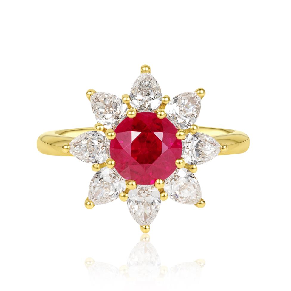 18ct Yellow Gold Ruby and Pear Diamond Cluster Ring Thumbnail Image 1