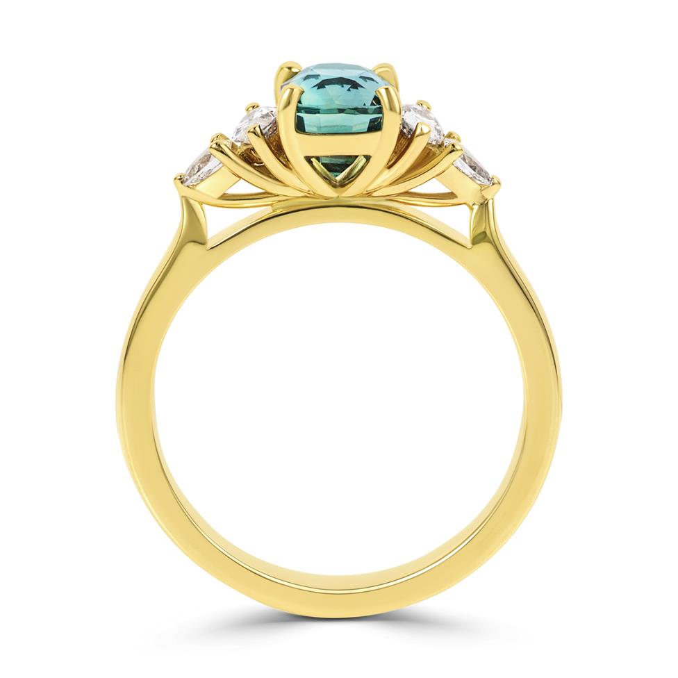 18ct Yellow Gold Cushion Cut Teal Sapphire and Diamond Engagement Ring  Thumbnail Image 2
