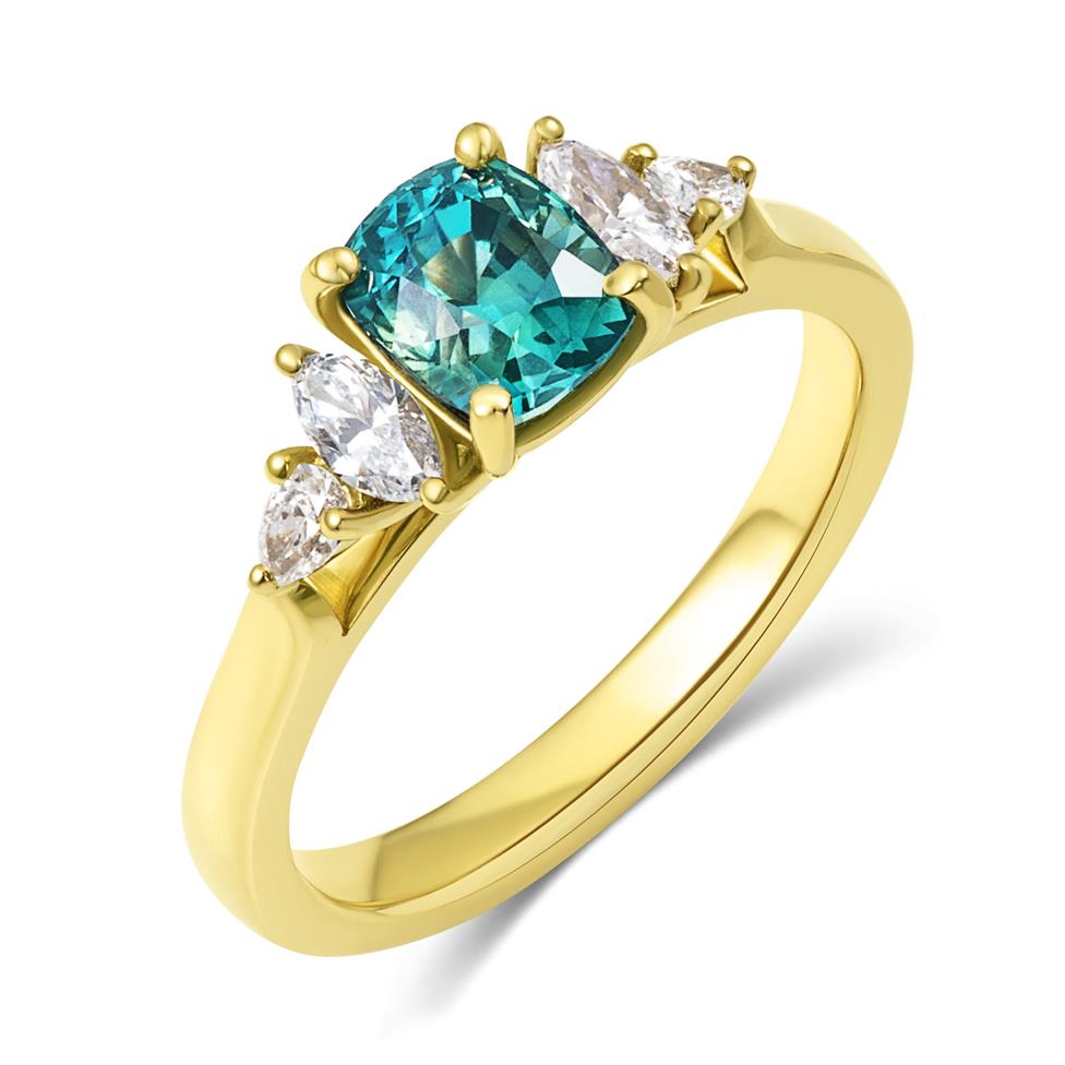 18ct Yellow Gold Cushion Cut Teal Sapphire and Diamond Engagement Ring  Thumbnail Image 0