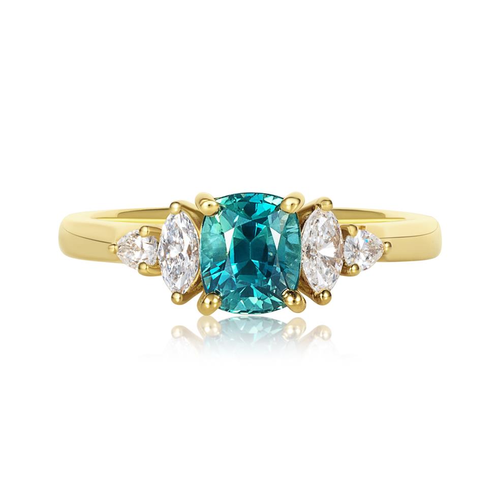 18ct Yellow Gold Cushion Cut Teal Sapphire and Diamond Engagement Ring  Thumbnail Image 1