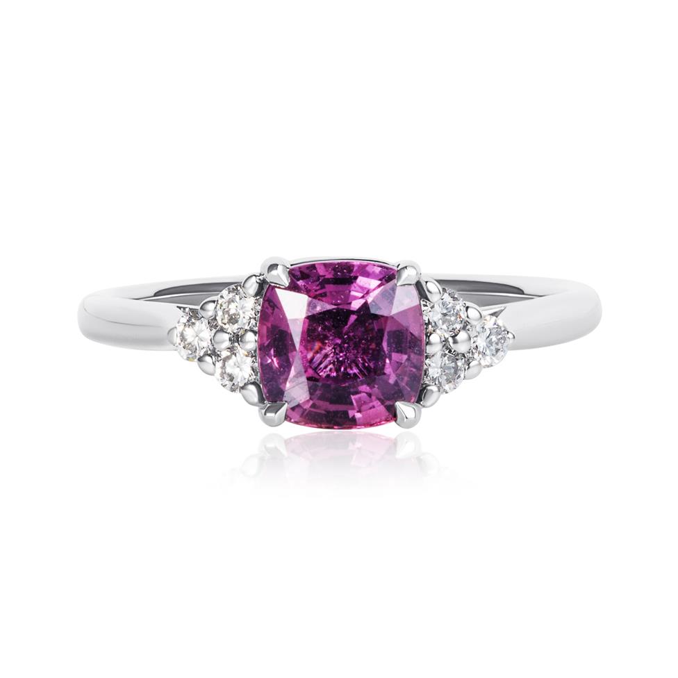Platinum Cushion Cut Berry Sapphire and Diamond Engagement Ring Thumbnail Image 1