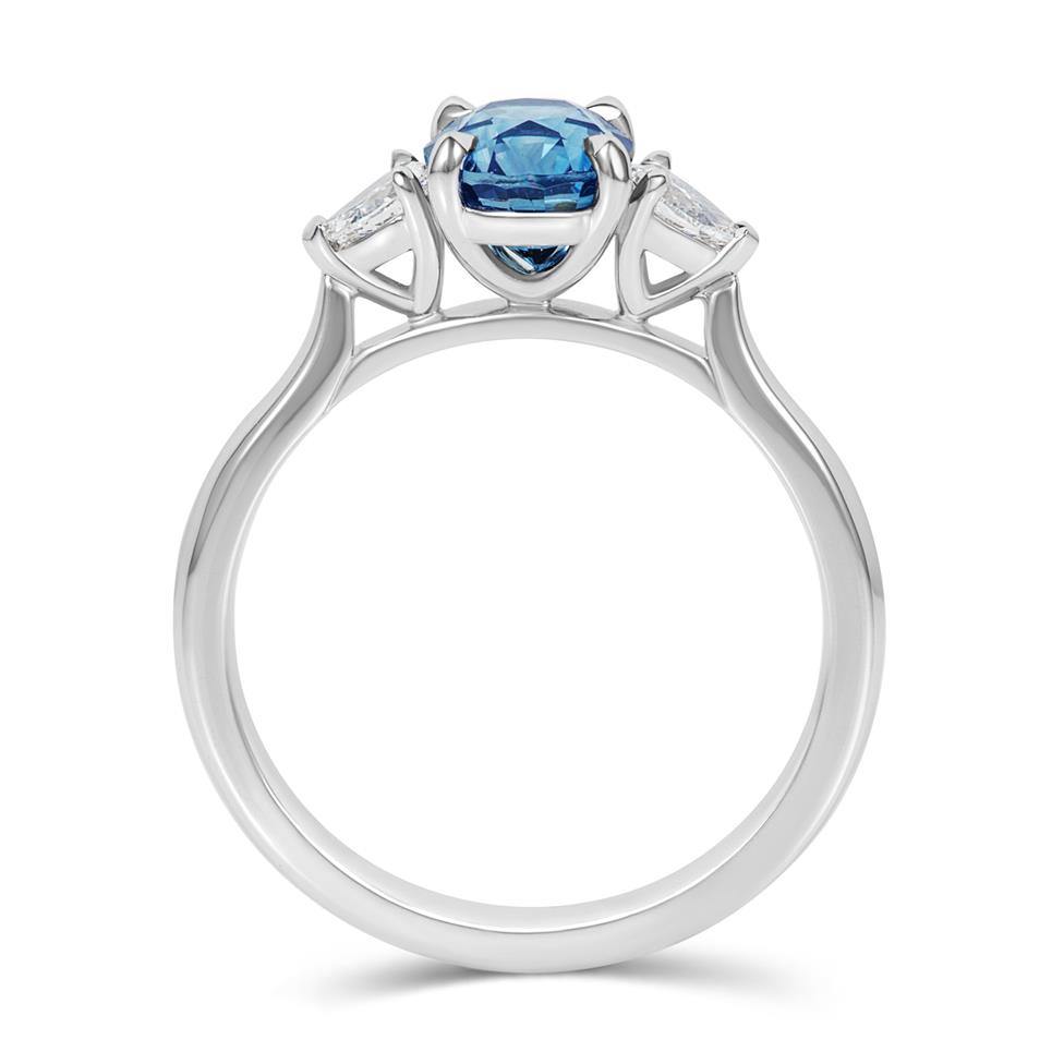 Platinum Oval Teal Sapphire and Pear Diamond Three Stone Ring Thumbnail Image 2
