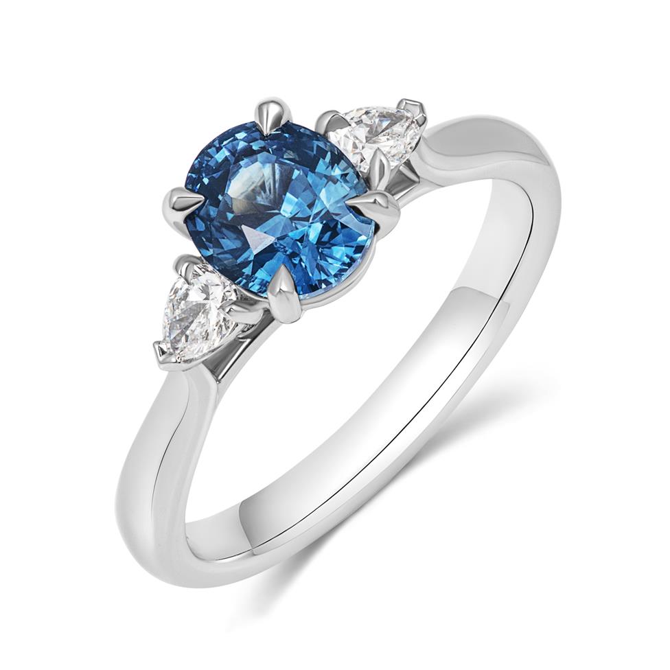 Platinum Oval Teal Sapphire and Pear Diamond Three Stone Ring Thumbnail Image 0