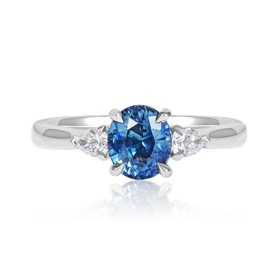 Platinum Oval Teal Sapphire and Pear Diamond Three Stone Ring Thumbnail Image 1