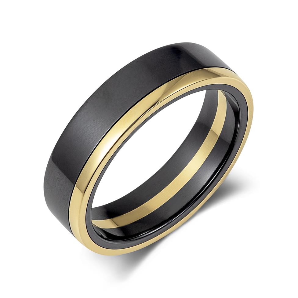 Black Zirconium and 18ct Yellow Gold Edge Wedding Ring 6mm Thumbnail Image 0