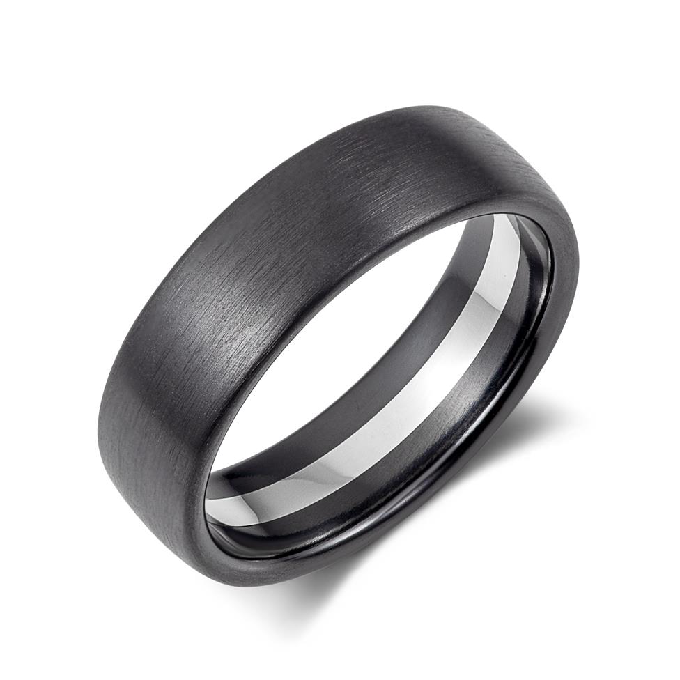 Black Zirconium and Platinum Plain Wedding Ring 7mm Thumbnail Image 0