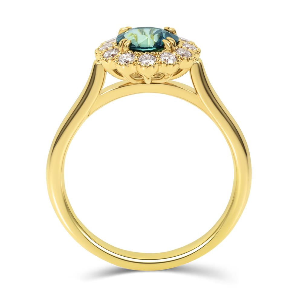 Platinum Round Teal Sapphire and Diamond Halo Ring Thumbnail Image 2