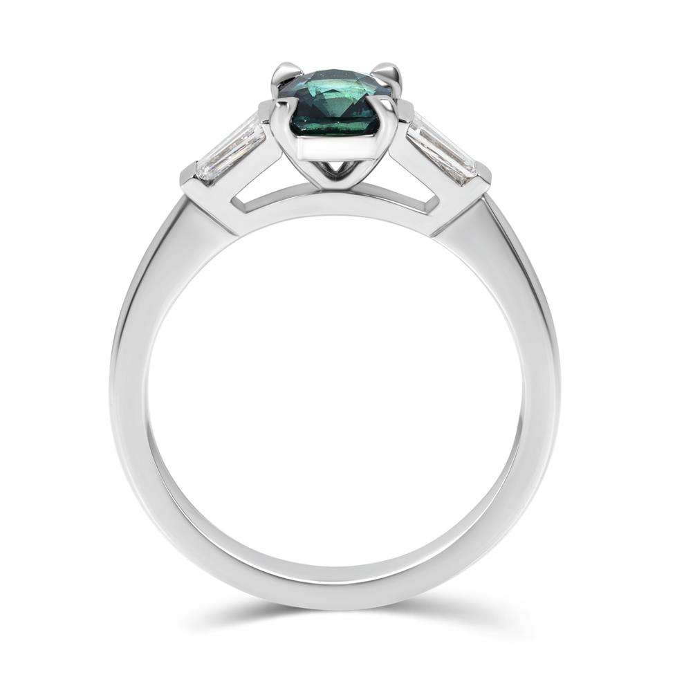 Platinum Teal Sapphire and Diamond Three Stone Engagement Ring Thumbnail Image 2