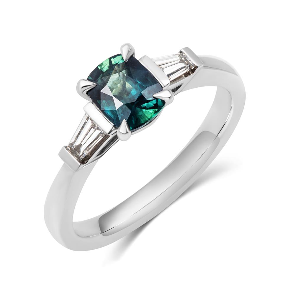 Platinum Teal Sapphire and Diamond Three Stone Engagement Ring Thumbnail Image 0