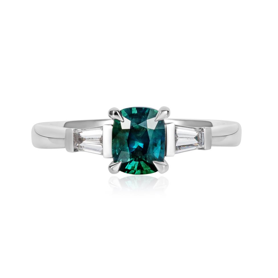 Platinum Teal Sapphire and Diamond Three Stone Engagement Ring Thumbnail Image 1