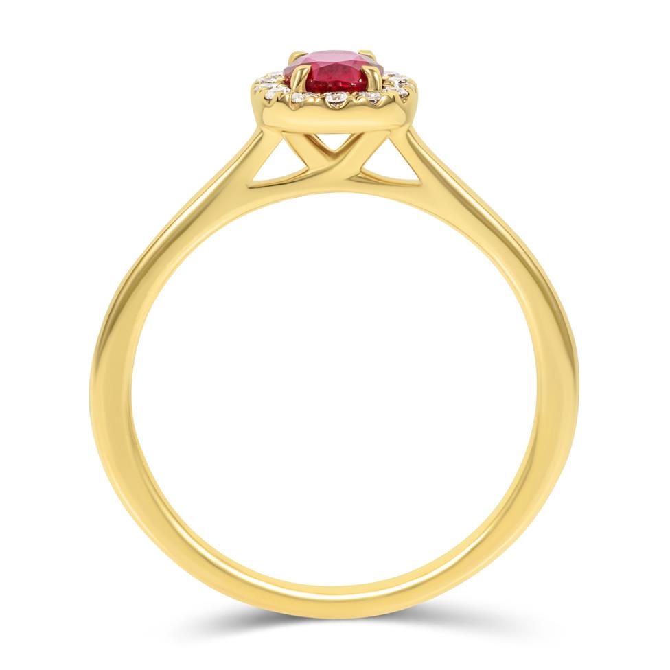 18ct Yellow Gold Oval Ruby and Diamond Halo Engagement Ring Thumbnail Image 2