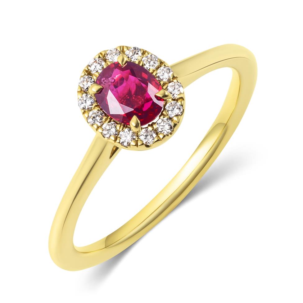 18ct Yellow Gold Oval Ruby and Diamond Halo Engagement Ring Thumbnail Image 0