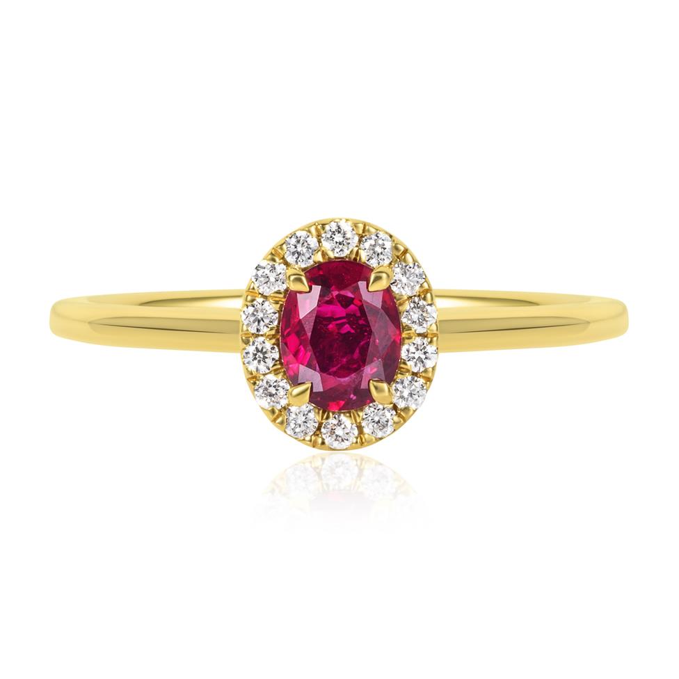 18ct Yellow Gold Oval Ruby and Diamond Halo Engagement Ring Thumbnail Image 1