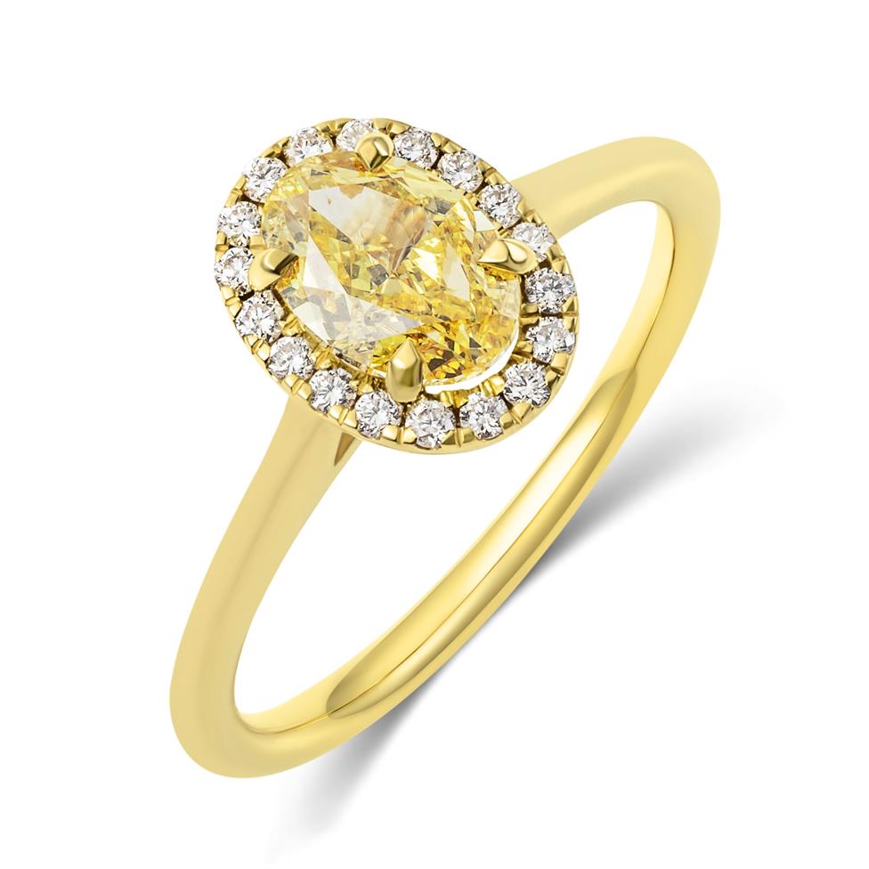 18ct Yellow Gold Oval Cut Yellow Diamond Halo Engagement Ring 1.01ct Thumbnail Image 0