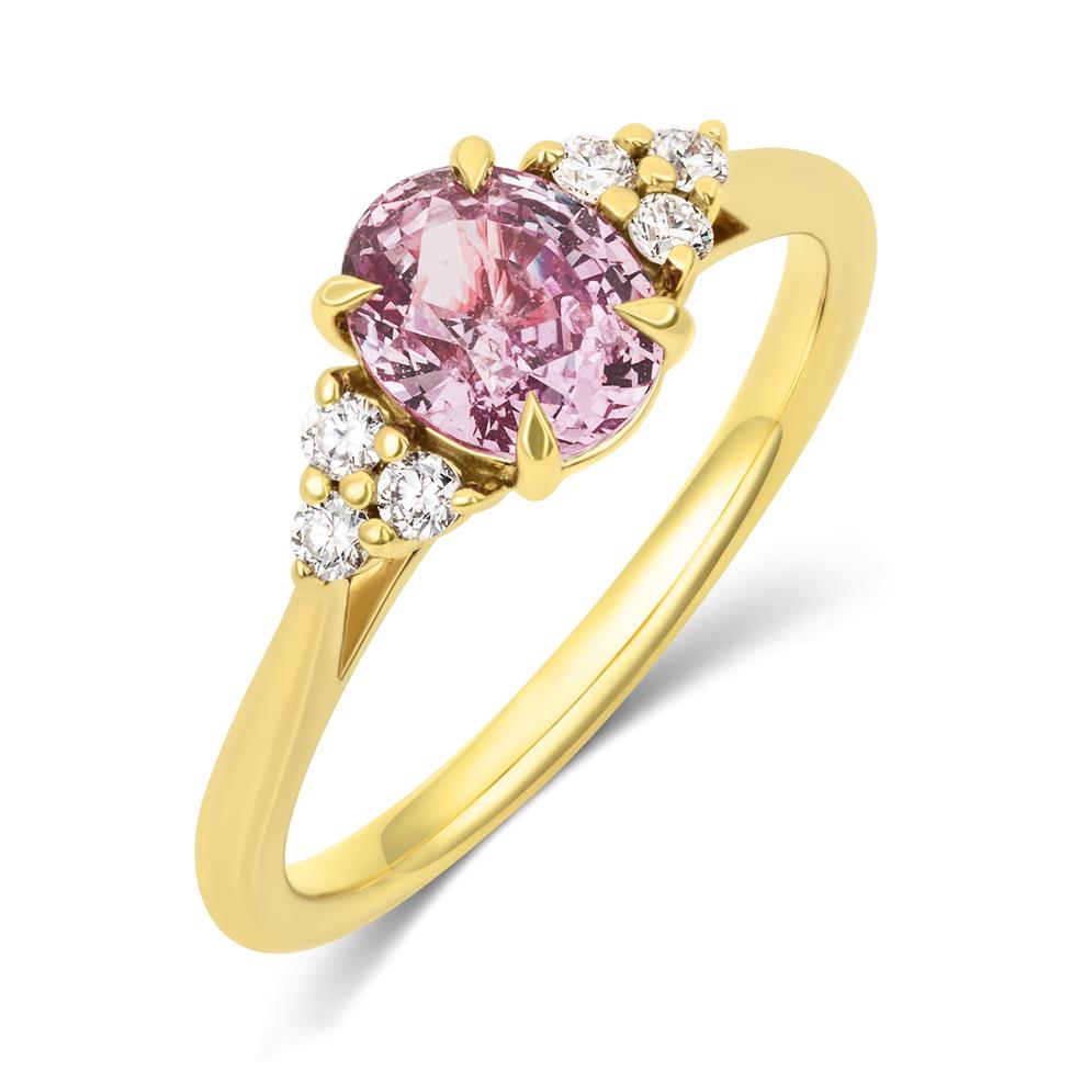 18ct Yellow Gold Oval Padparadscha Sapphire and Diamond Ring Thumbnail Image 0