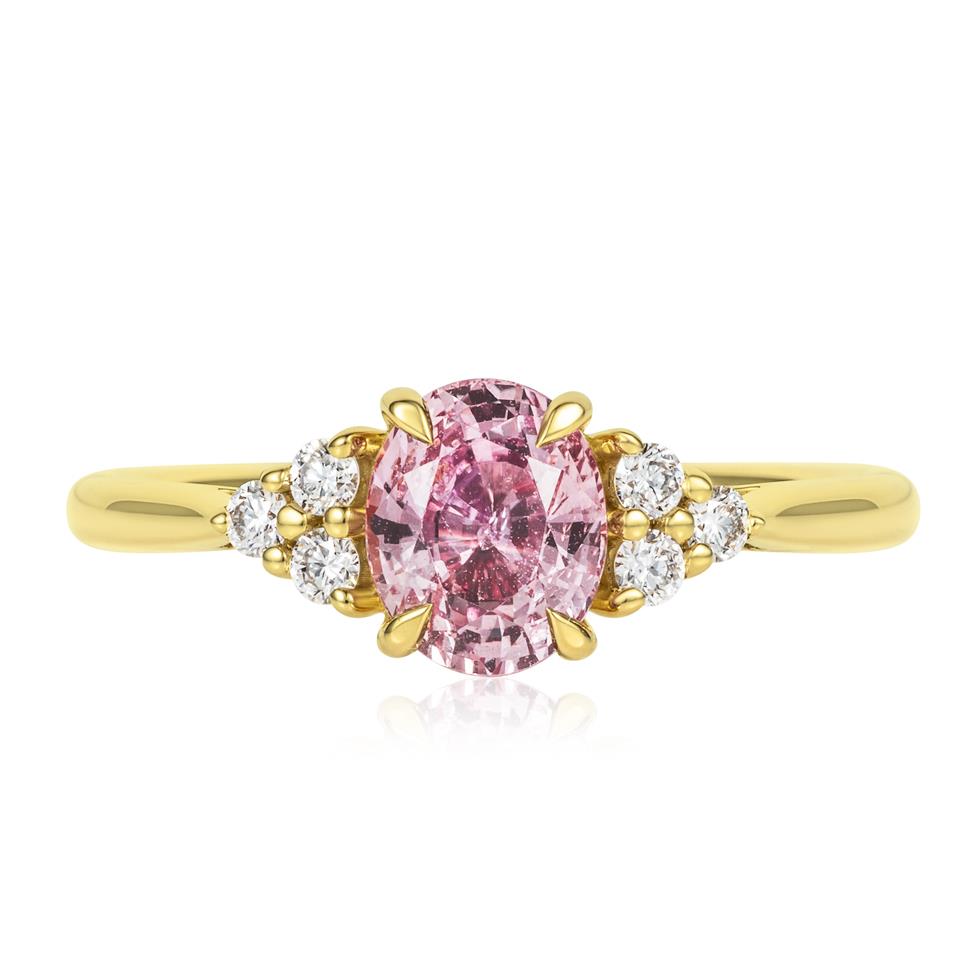 18ct Yellow Gold Oval Padparadscha Sapphire and Diamond Ring Thumbnail Image 1