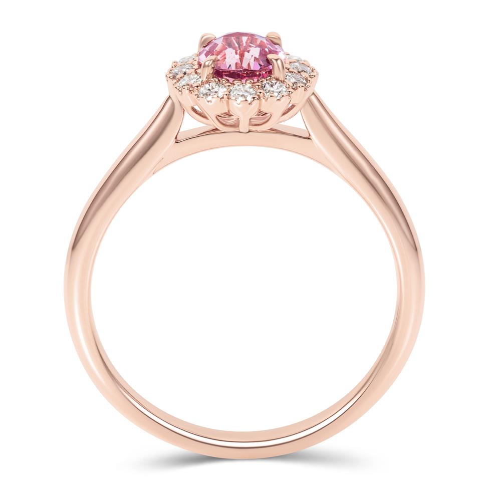 18ct Rose Gold Oval Padparadscha Sapphire and Diamond Halo Ring Thumbnail Image 2