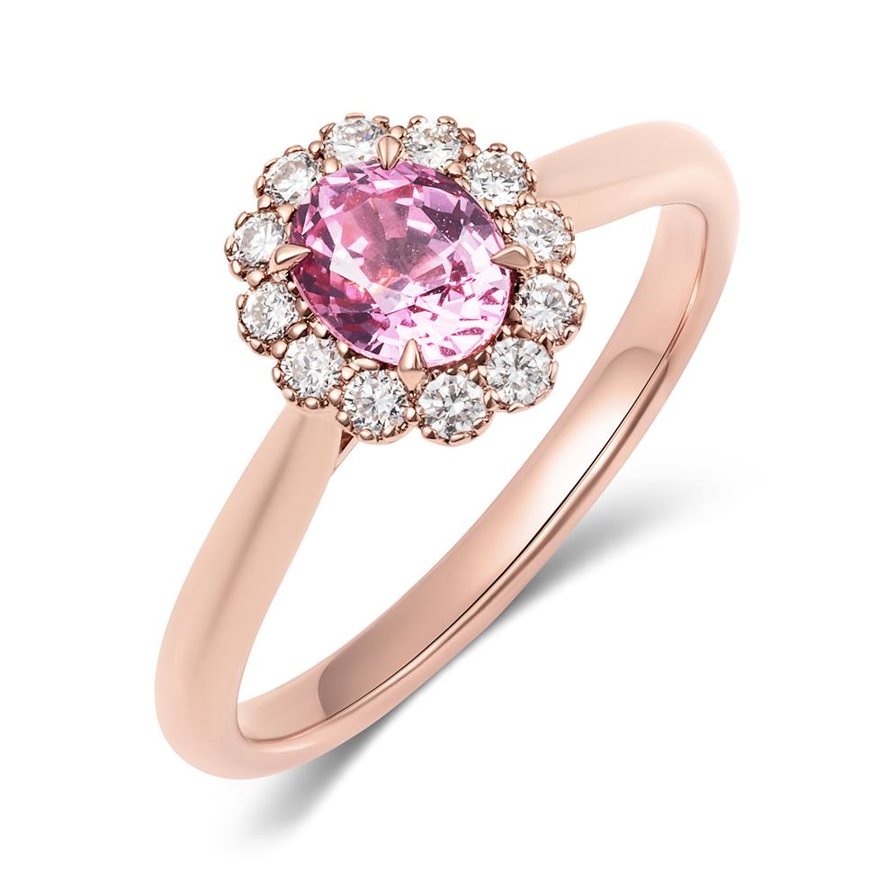 18ct Rose Gold Oval Padparadscha Sapphire and Diamond Halo Ring Thumbnail Image 0