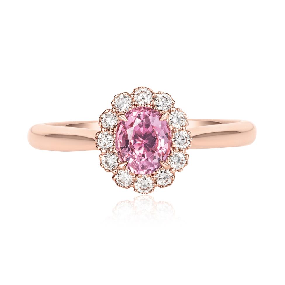 18ct Rose Gold Oval Padparadscha Sapphire and Diamond Halo Ring Thumbnail Image 1