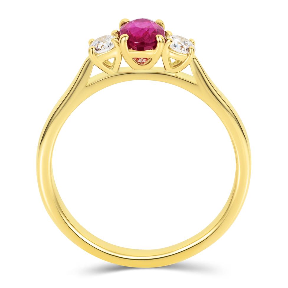 18ct Yellow Gold Oval Ruby and Diamond Three Stone Engagement Ring Thumbnail Image 2