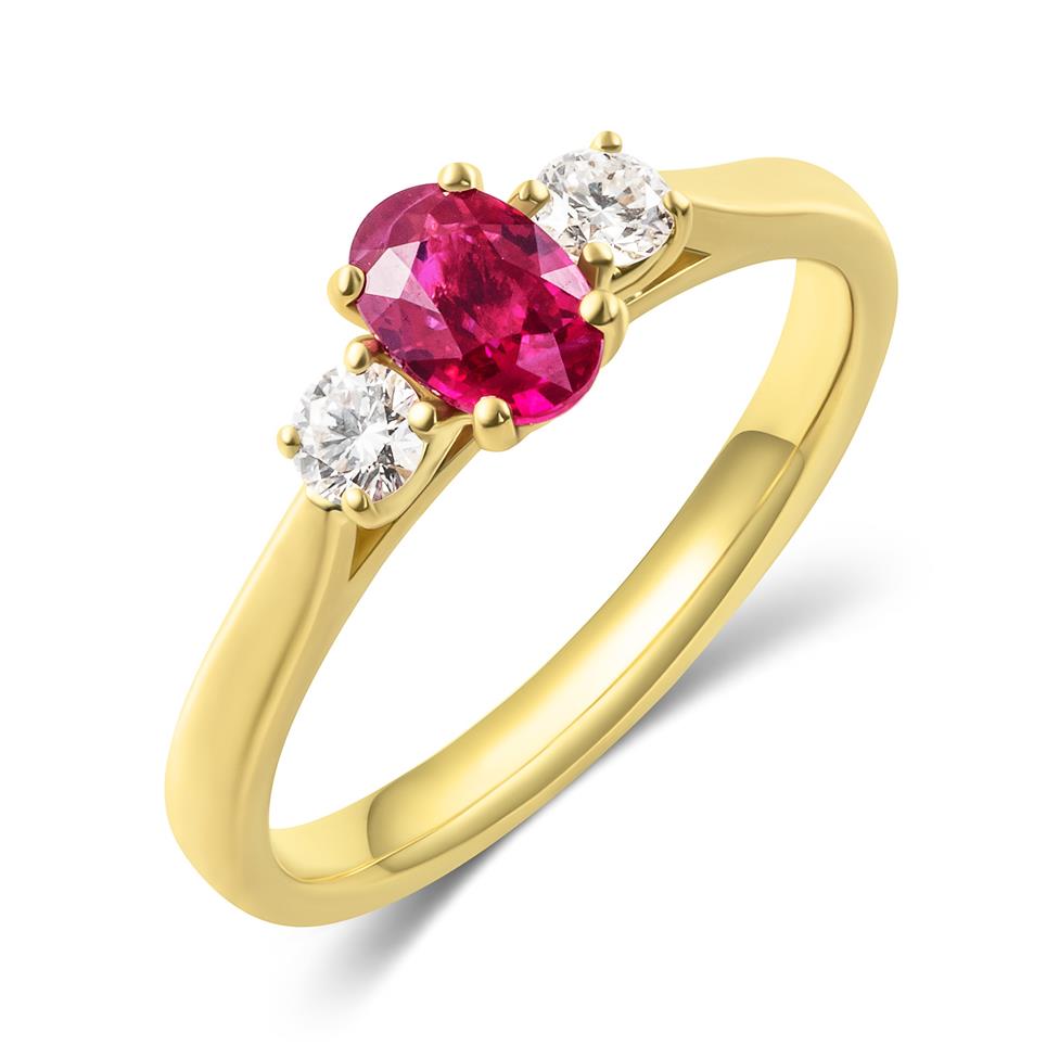 18ct Yellow Gold Oval Ruby and Diamond Three Stone Engagement Ring Thumbnail Image 0