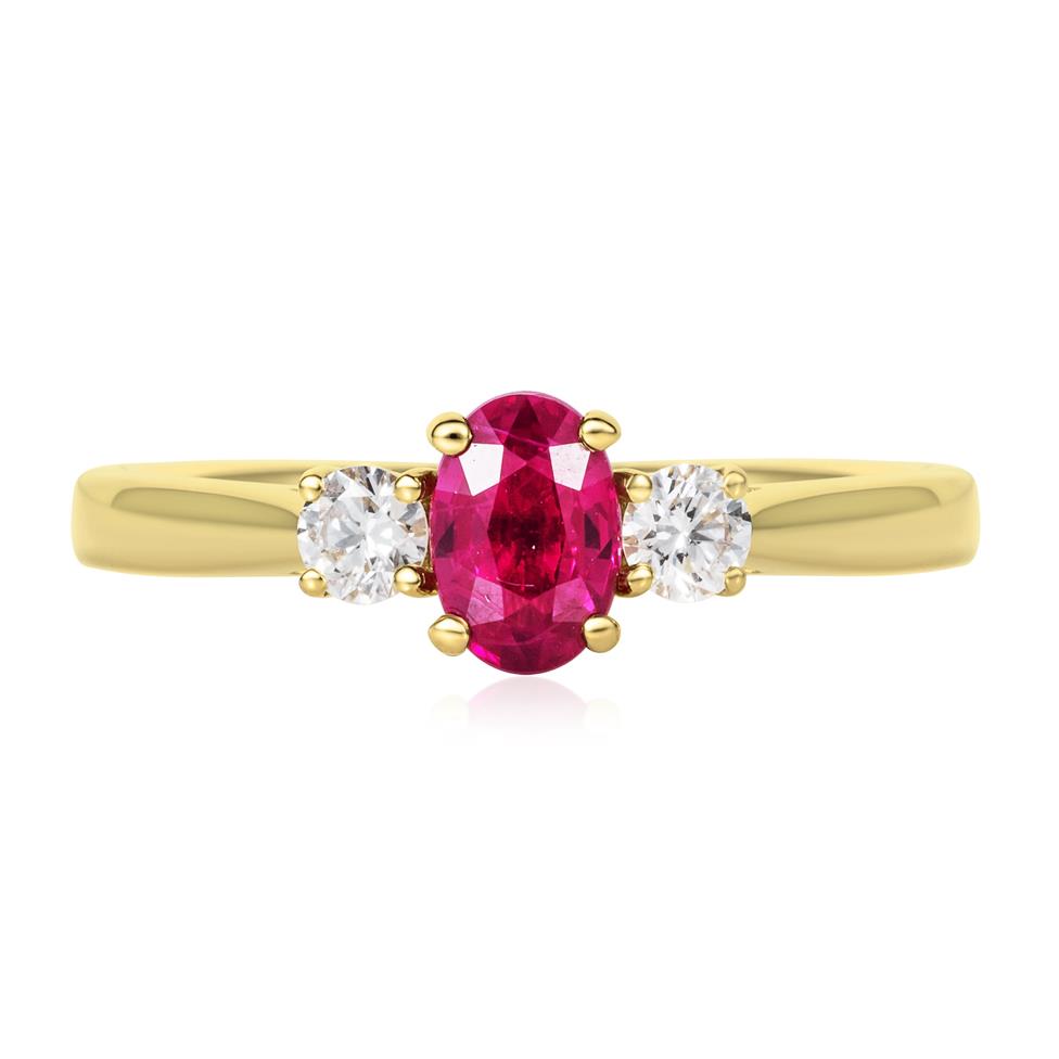 18ct Yellow Gold Oval Ruby and Diamond Three Stone Engagement Ring Thumbnail Image 1