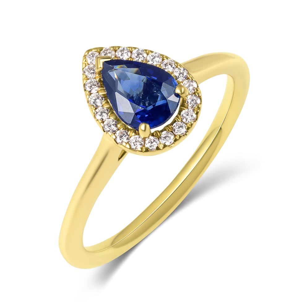 18ct Yellow Gold Sapphire and Diamond Halo Engagement Ring Thumbnail Image 0