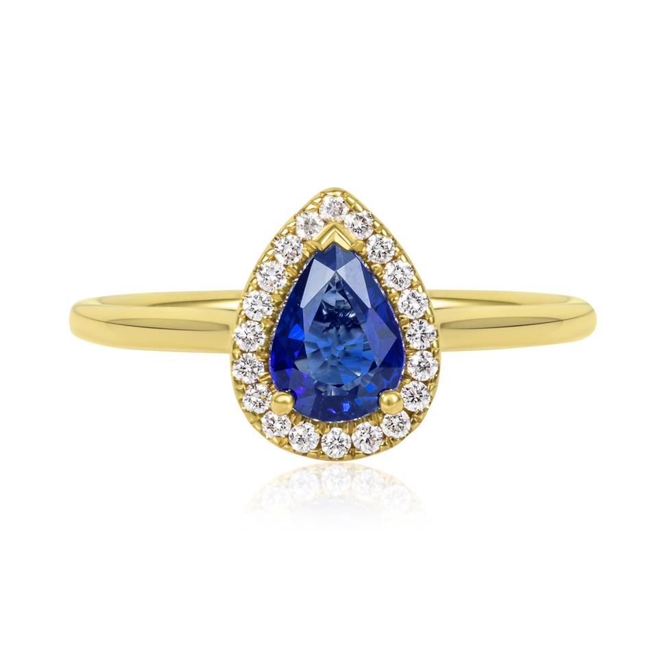 18ct Yellow Gold Sapphire and Diamond Halo Engagement Ring Thumbnail Image 1