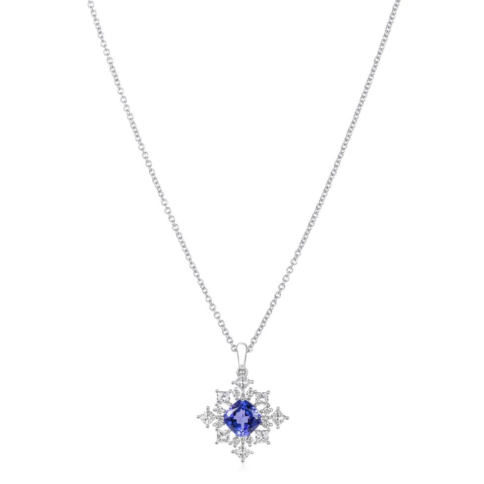 18ct White Gold Square Tanzanite and Diamond Cluster Pendant Thumbnail Image 1