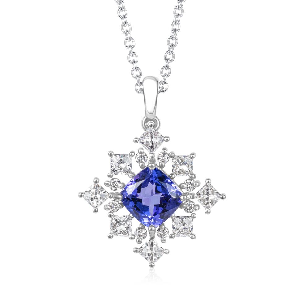 18ct White Gold Square Tanzanite and Diamond Cluster Pendant Thumbnail Image 0