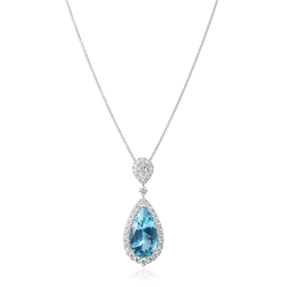 18ct White Gold Aquamarine and Diamond Halo Necklace Thumbnail Image 1