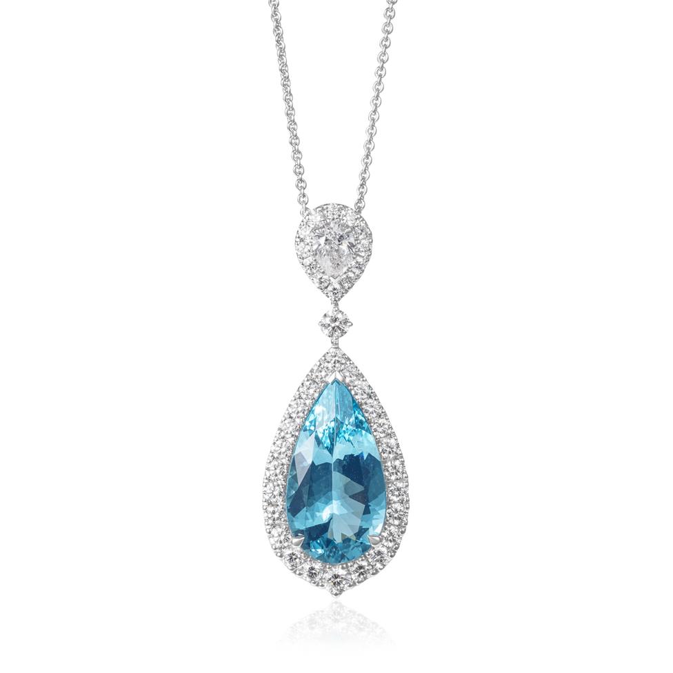 18ct White Gold Aquamarine and Diamond Halo Necklace Thumbnail Image 0