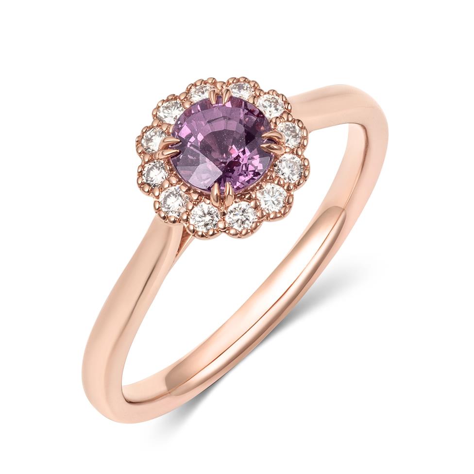 18ct Rose Gold Round Berry Sapphire and Diamond Halo Ring Thumbnail Image 0