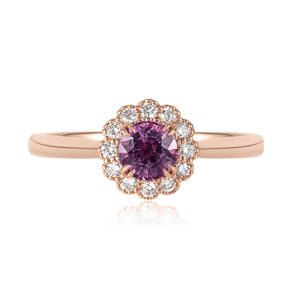 18ct Rose Gold Round Berry Sapphire and Diamond Halo Ring Thumbnail Image 1