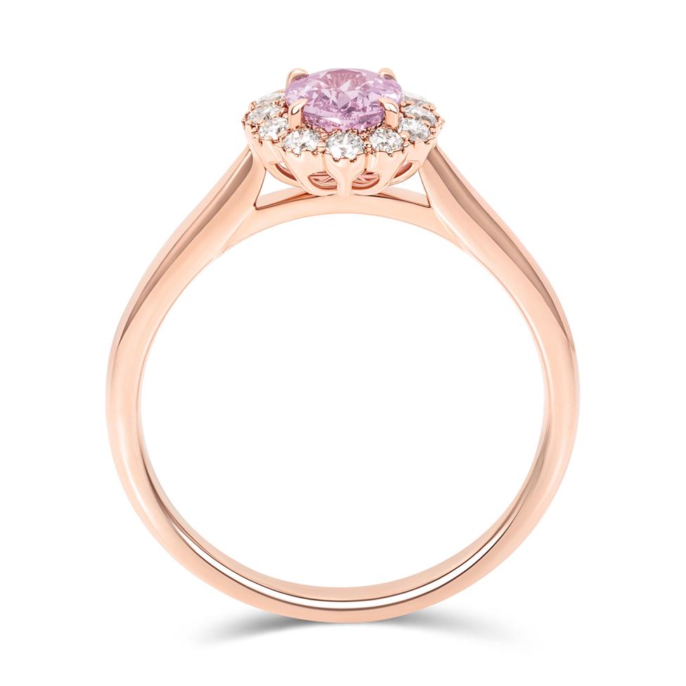 18ct Rose Gold Oval Padparadscha Sapphire and Diamond Halo Ring Thumbnail Image 2