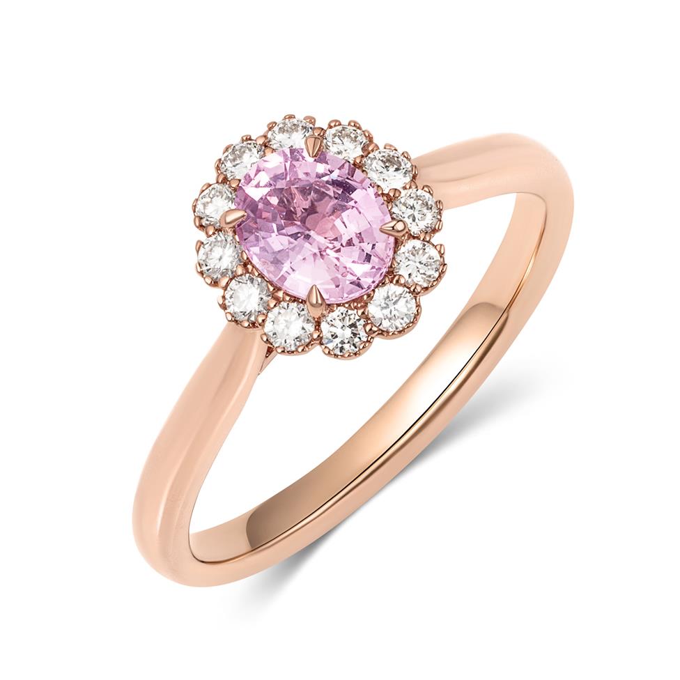 18ct Rose Gold Oval Padparadscha Sapphire and Diamond Halo Ring Thumbnail Image 0