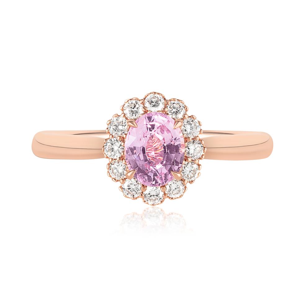 18ct Rose Gold Oval Padparadscha Sapphire and Diamond Halo Ring Thumbnail Image 1