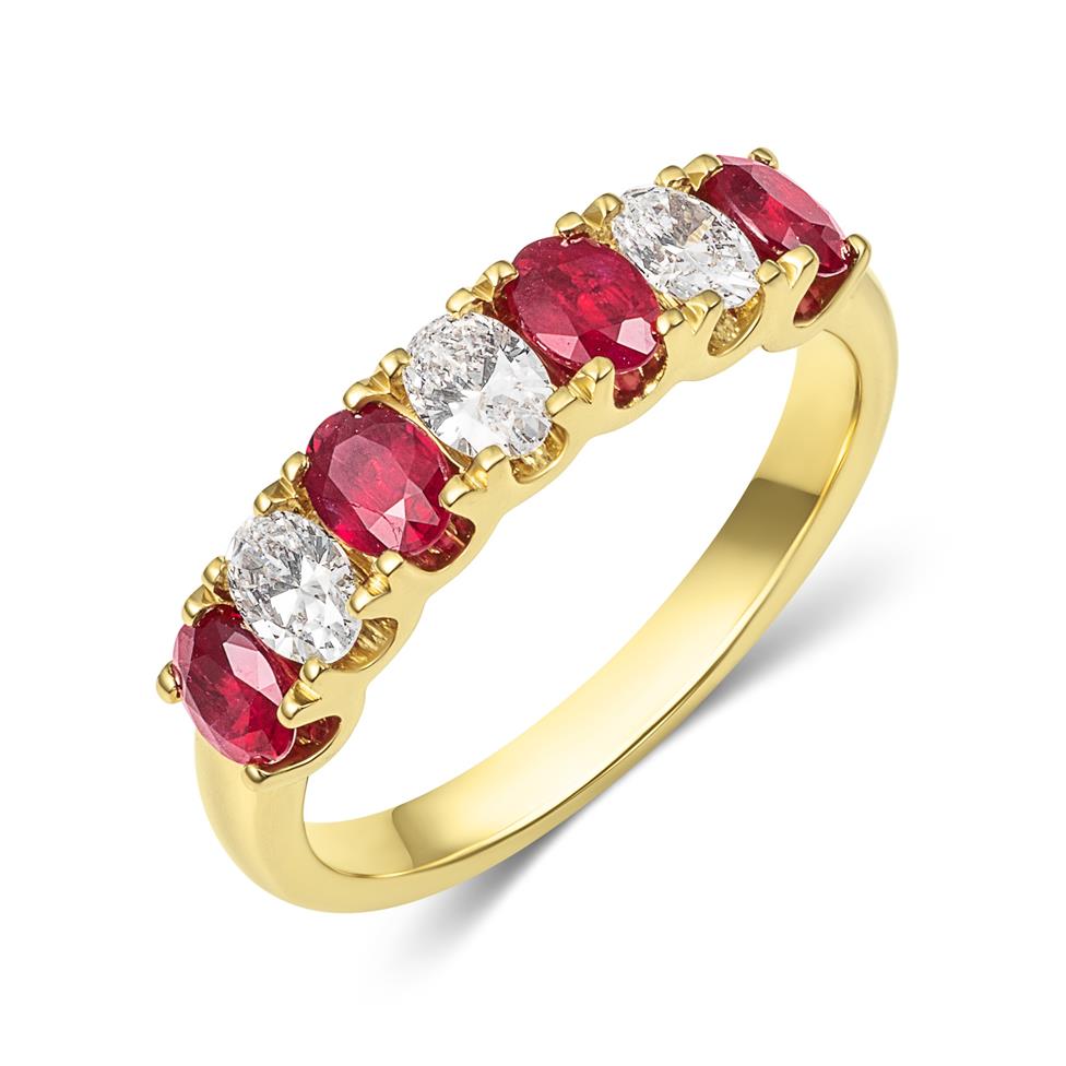 18ct Yellow Gold Oval Ruby and Diamond Half Eternity Ring Thumbnail Image 0