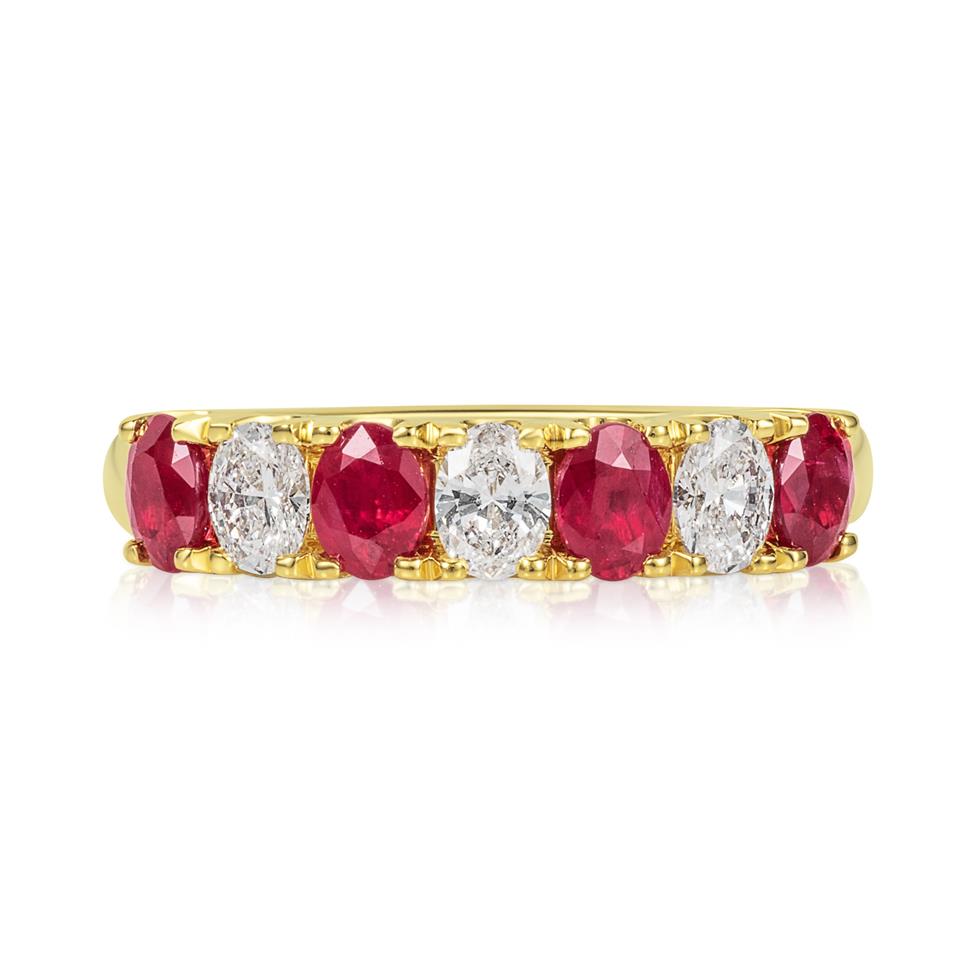 18ct Yellow Gold Oval Ruby and Diamond Half Eternity Ring Thumbnail Image 1