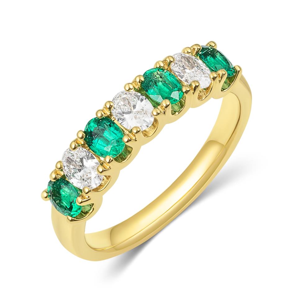 18ct Yellow Gold Oval Emerald and Diamond Half Eternity Ring Thumbnail Image 0